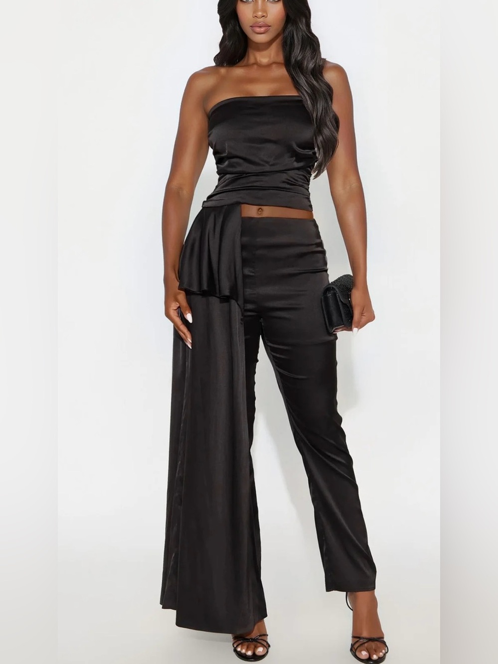 NWT. Black Satin High-Waist Pants set with Draped Sash